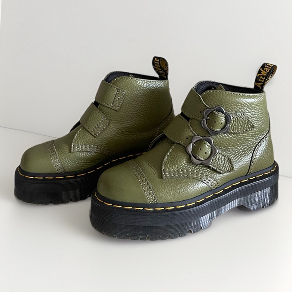 Size 6 - Dr. Martens Devon Flower Buckle Platform Boots, Khaki Green Womens